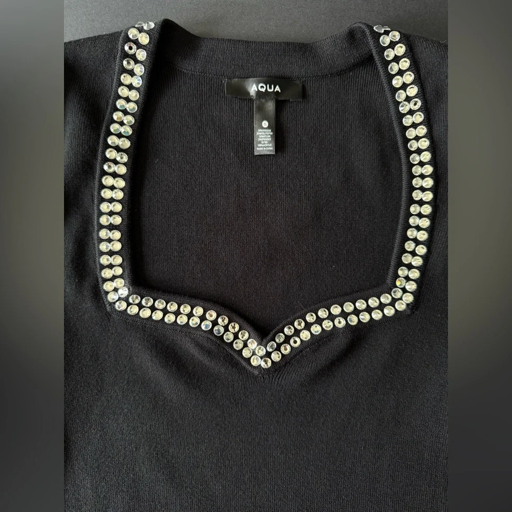 Aqua Black Ribbed Bodysuit Women’s Small | Rhinestone Neckline - Picture 2 of 9